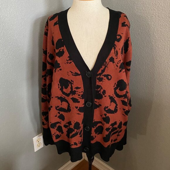 Worthington Cardigan Sweater Women's Size 3X Brown Black Abstract V-neck Stretch - Picture 1 of 11